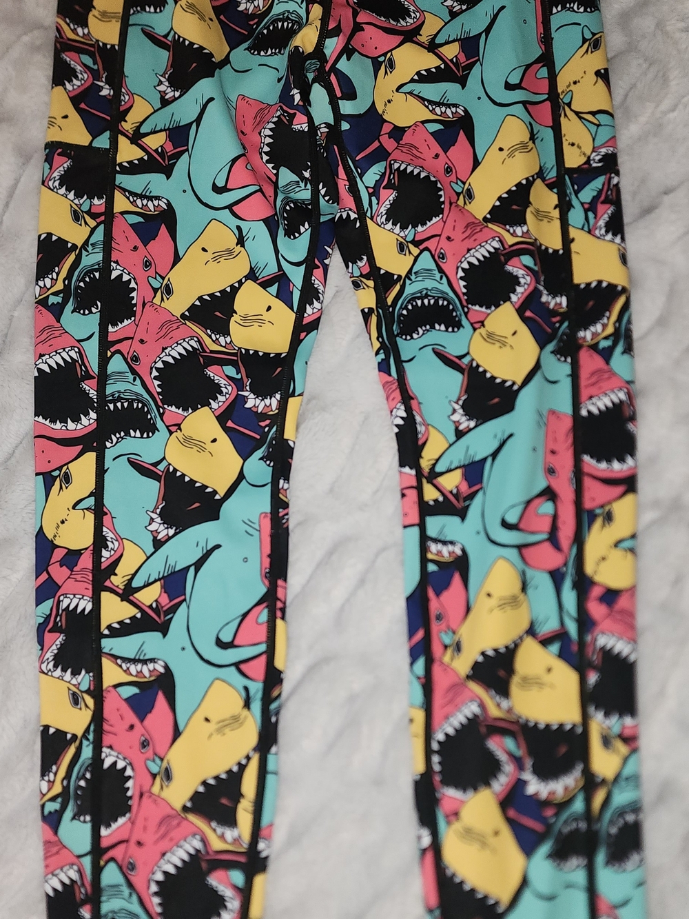 Constantly Varied Gear Womens Shark Print Leggings - Teal, Pink, Yellow, Black - Picture 2 of 3